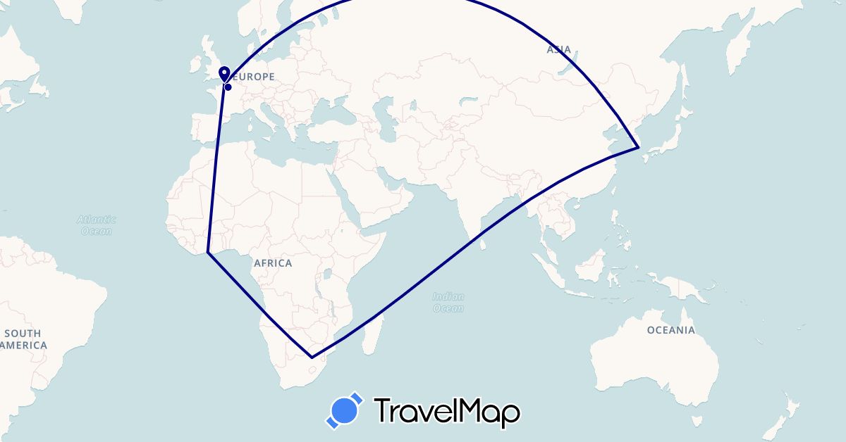TravelMap itinerary: driving in Côte d'Ivoire, France, South Korea, South Africa (Africa, Asia, Europe)